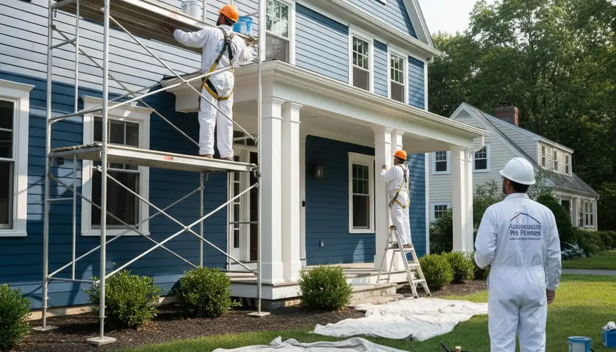 Painter painting a home exterior in Newton, MA for a professional residential painting service