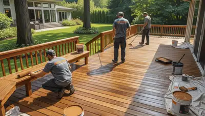 Newton, MA painters applying deck paint to protect wood from sun and moisture