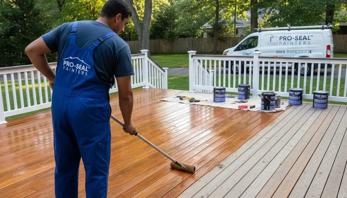 Newton, MA deck sealing by painters for weather protection on a wood deck
