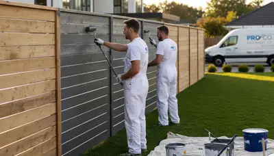 Fence painters coating a wood fence in Newton, MA for weather protection