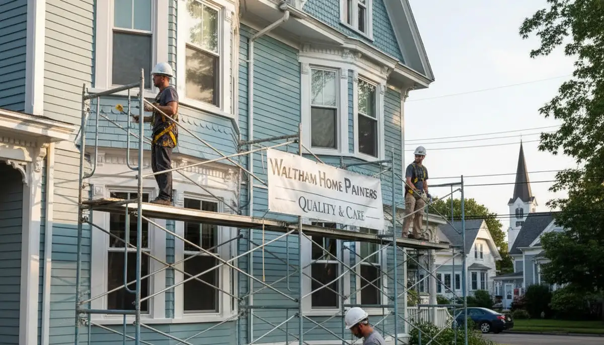 Professional painters in Newton, MA preparing a home exterior for painting services
