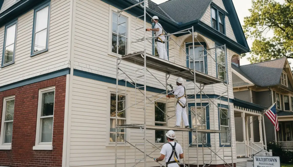 Professional painters in Newton, MA completing interior painting for a home exterior finish