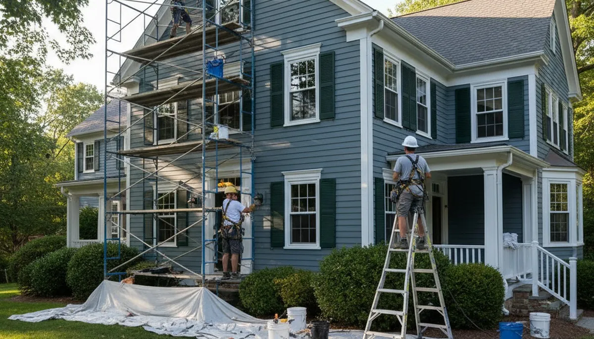 Painter working on a home exterior in Newton, MA for professional painting services