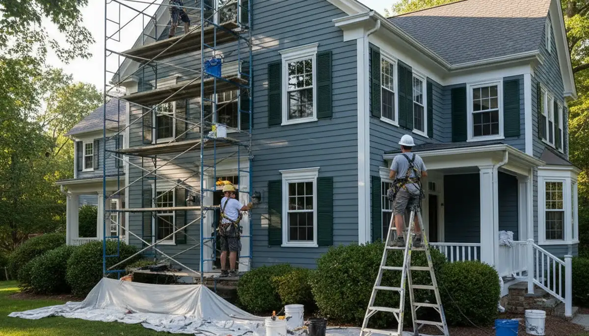 Painter working on a home exterior in Newton, MA for professional painting services